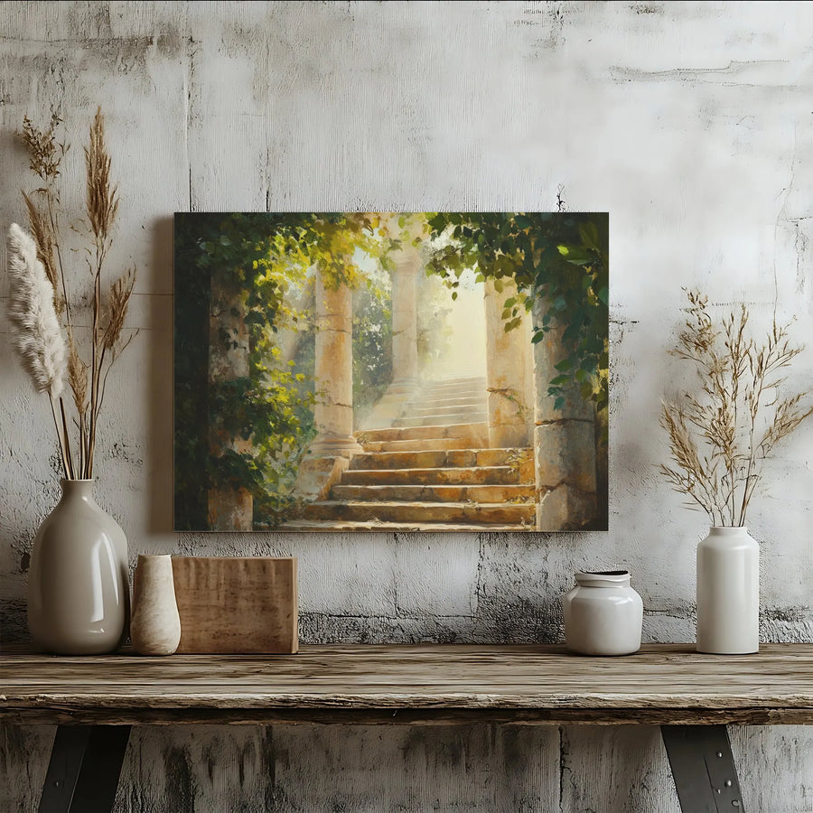 Ancient Stone Stairway Canvas Art | Sunlit Roman Ruins Garden Print | Premium Gallery Wrap Decor | Meditative Landscape Wall Hanging