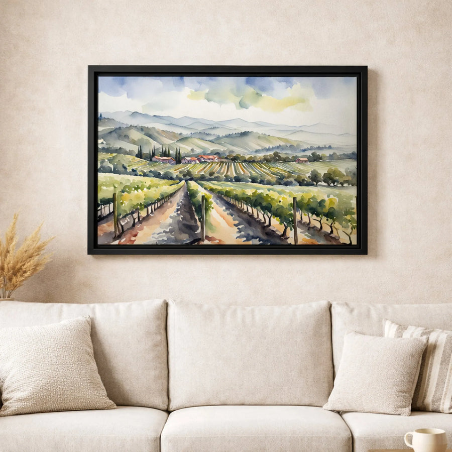 Italian Vineyard Canvas Wall Art | Watercolor Landscape Painting | Premium Gallery-Wrapped Print | Tuscany Home Decor Gift
