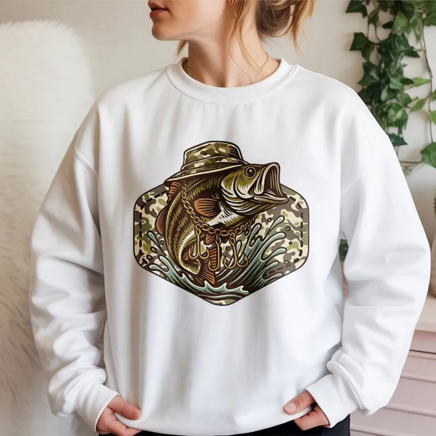 Bass Fishing Sweatshirt | Camo Hat Bass Graphic | Premium Cotton Blend | Gift for Anglers and Outdoorsmen