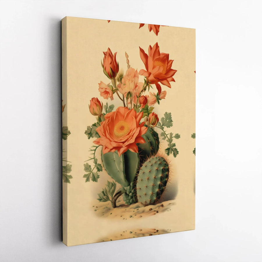 Blooming Cactus Botanical Wall Art | Vintage Desert Floral Illustration | Premium Gallery Wrapped Canvas | Minimalist Boho Home Decor Gift