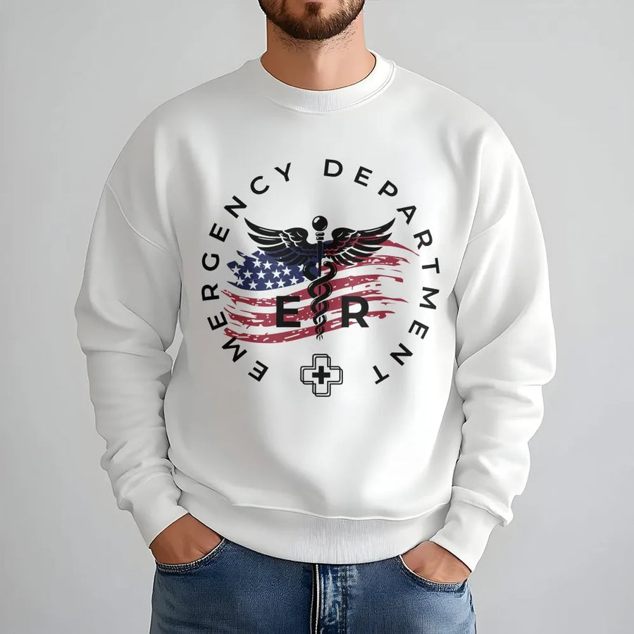 Sweat-shirt d’infirmière des urgences | Emblème patriotique du drapeau américain et du caducée | Coton doux et respirant | Cadeau haut de gamme pour le personnel des urgences et les infirmières diplômées