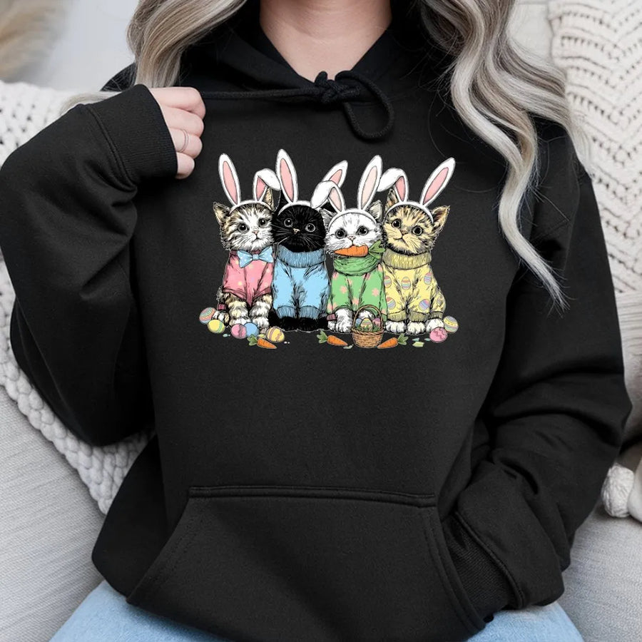 Easter Bunny Cats Hoodie | Cute Kitten Rabbit Ears Graphic | Cotton-Poly Blend Premium Comfort | Festive Spring Gift for Cat Lovers