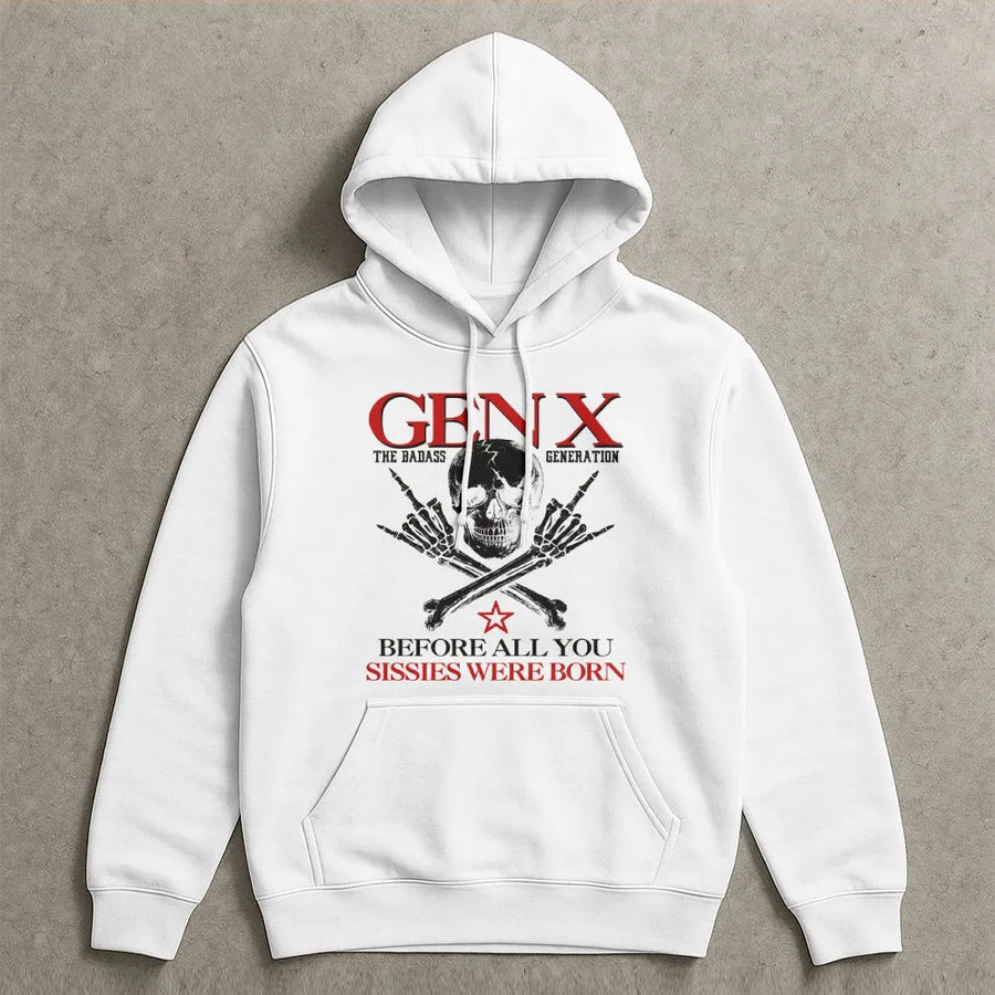 Gen X Badass Generation Hoodie | Sarcastic Skull Graphic Quote | Premium Cotton-Blend | Funny 1980s Birthday Gift for Gen Xer