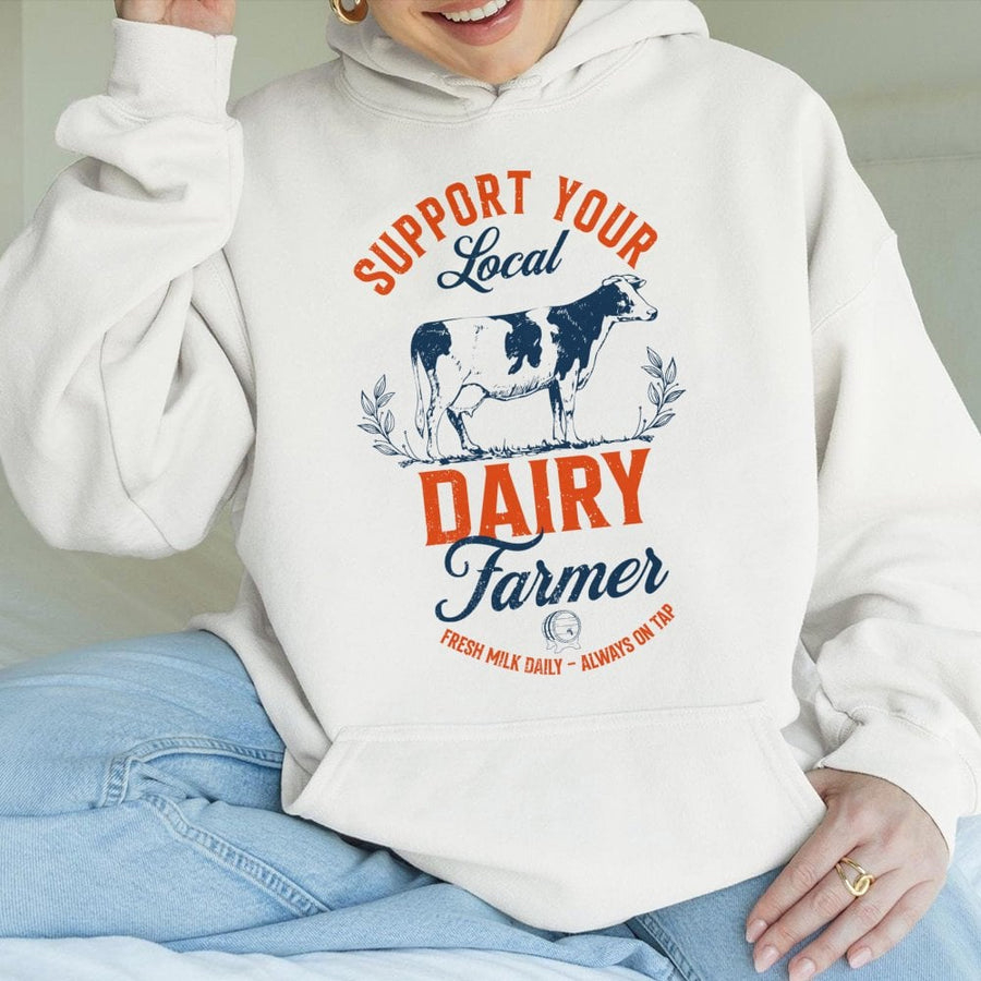 Support Your Local Dairy Farmer Hoodie | Distressed Cow Graphic Design | Premium Cotton Blend | Gift for Farmer and Agriculture Supporters