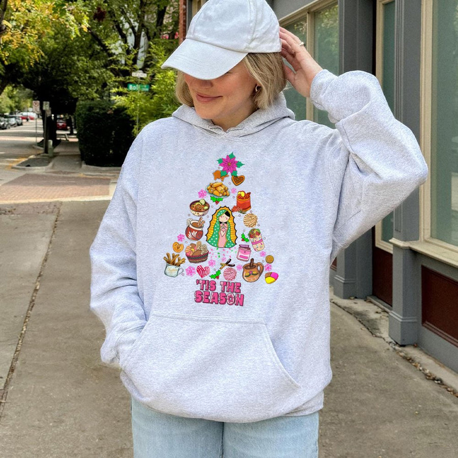 Our Lady Of Guadalupe Christmas Hoodie | Mexican Holiday Food Graphic | Cotton-Poly Blend Sweatshirt | Latina Cultural Gift For The Holidays