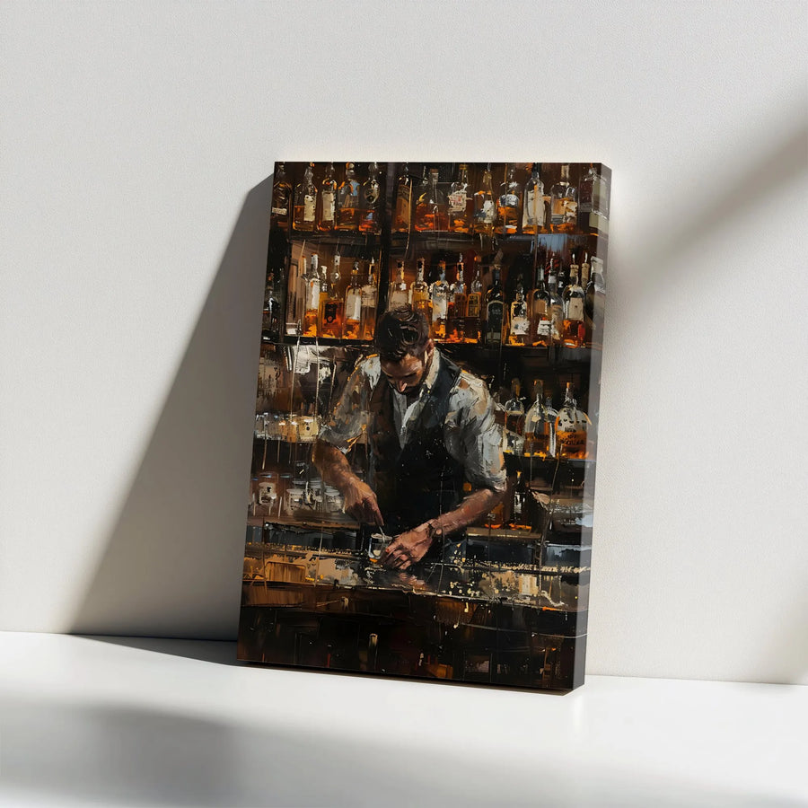 Bartender Canvas Wall Art | Impressionist Whiskey Bar Painting | Premium Gallery Wrapped Decor | Sophisticated Gift for Home Bar Enthusiasts
