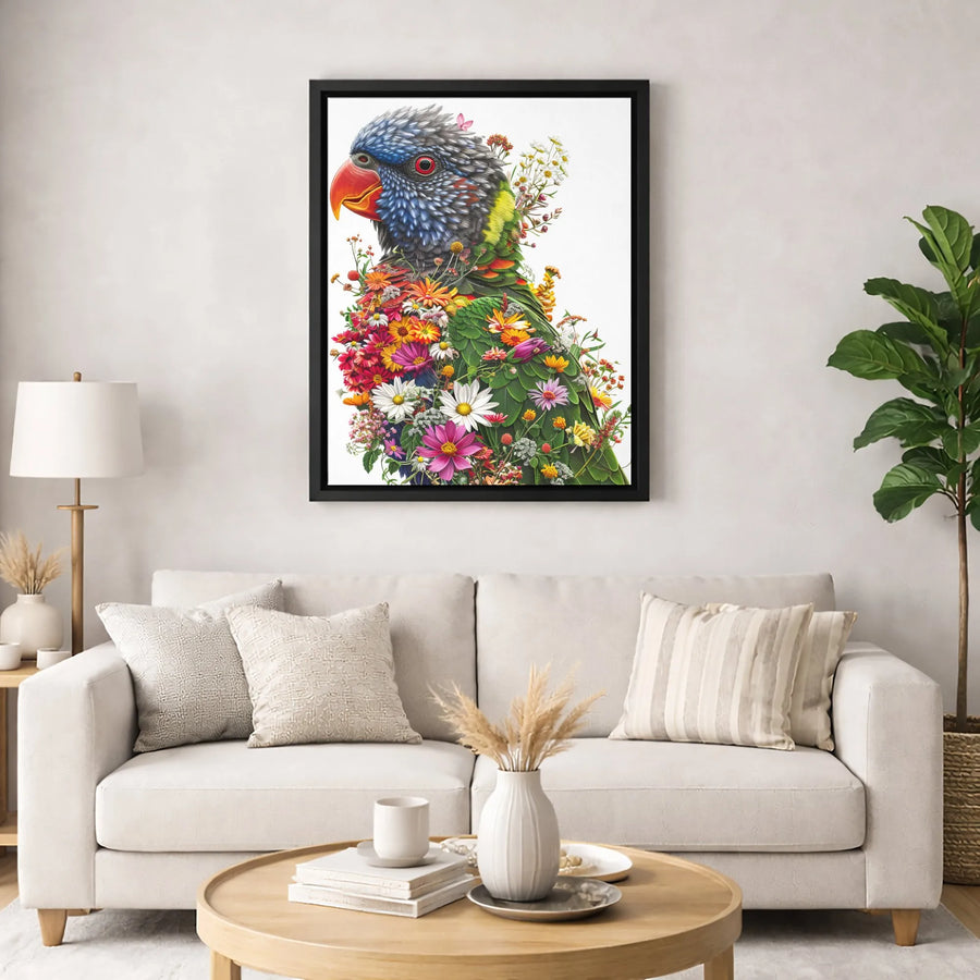 Rainbow Lorikeet Canvas Wall Art | Floral Parrot Bird Portrait | Premium Gallery-Wrapped Print | Colorful Botanical Decor for Bird Lovers