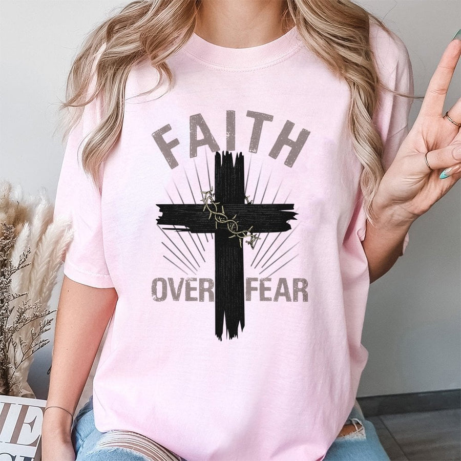 Faith Over Fear T-Shirt | Christian Cross & Barbed Wire Graphic | 100% Cotton Premium Unisex Tee | Inspirational Religious Gift