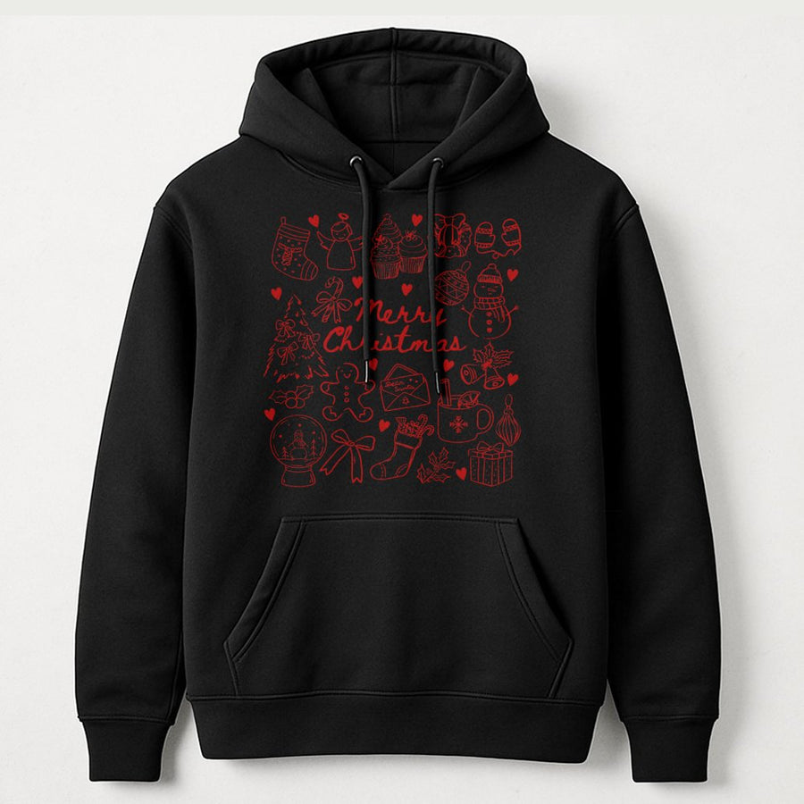 Merry Christmas Doodle Hoodie | Festive Holiday Icons Graphic Print | Soft Cotton-Blend Comfort | Unisex Winter Gift for Holiday Season