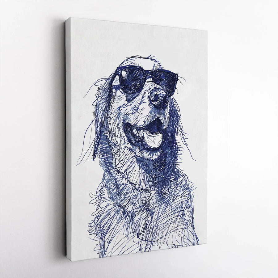 Golden Retriever Canvas Art | Cool Dog with Sunglasses Sketch | Premium Gallery-Wrapped Print | Modern Animal Wall Decor for Dog Lovers Gift