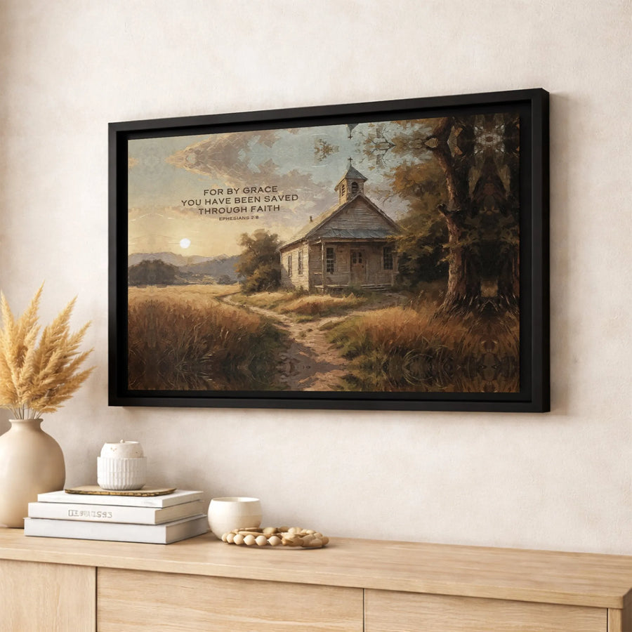 Ephesians 2:8 Canvas Print | Rustic Church Landscape Wall Art | Gallery Quality Premium Decor | Christian Gift for Home or Office