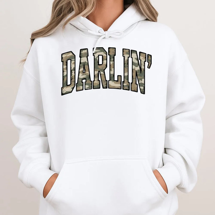 Darlin' Camo Hoodie | Western Varsity Lettering | Premium Cotton Blend | Country Music Gift for Women & Girls