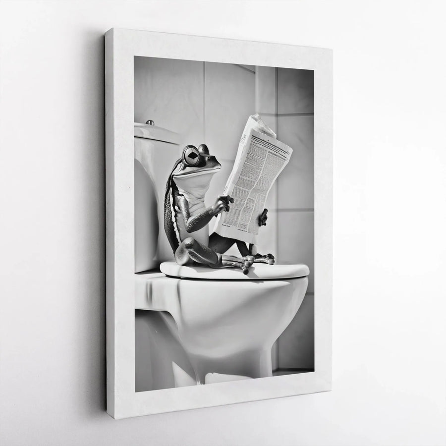 Funny Frog Reading Newspaper Wall Art | Whimsical Bathroom Decor Canvas | Premium Gallery-Wrapped Print | Unique Gift for Frog Lovers