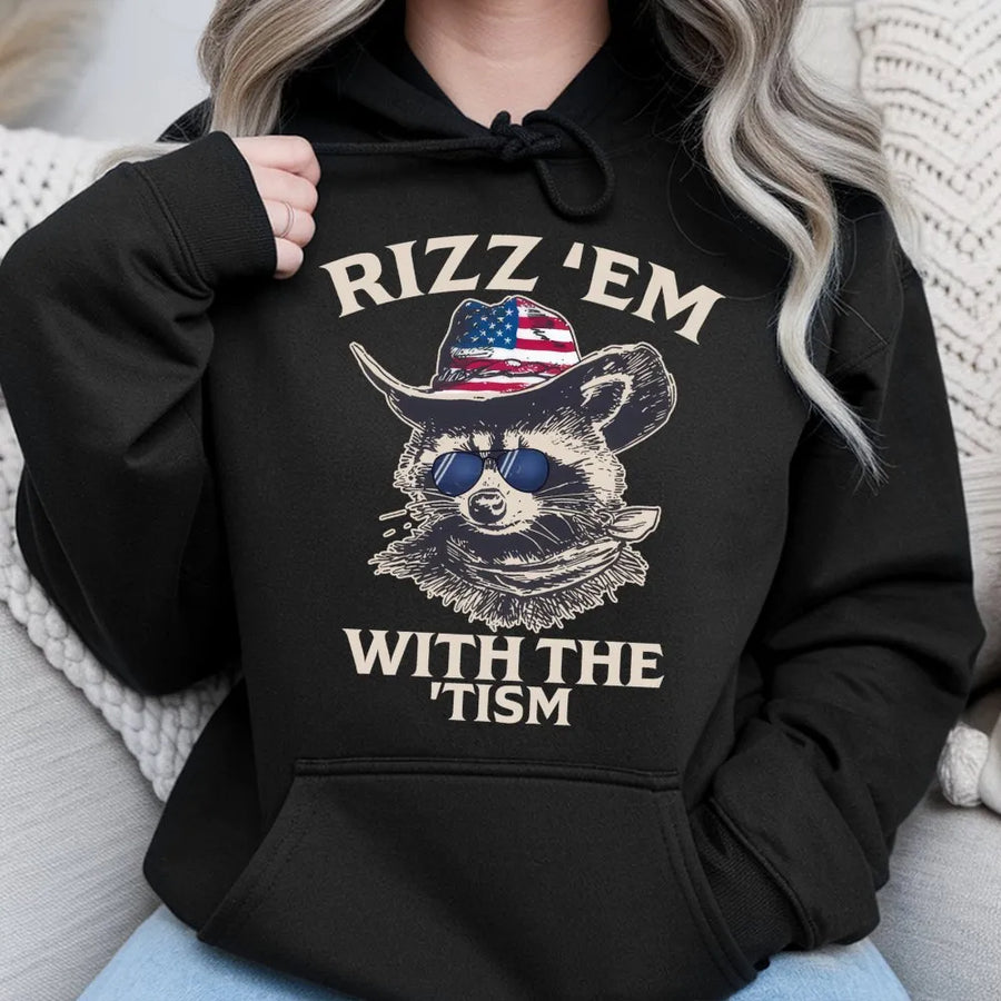 Rizz Em With The Tism Hoodie | Funny Raccoon Cowboy Graphic | Premium Soft Cotton Blend | Gift For Neurodivergent Friends Adults