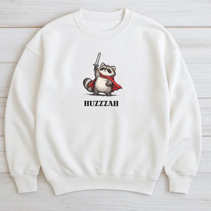 Raccoon Knight Graphic Sweatshirt | Huzzzah Medieval Warrior Humor | Soft Cotton Shirt | Funny Meme Aesthetic Gift for Fantasy Fans