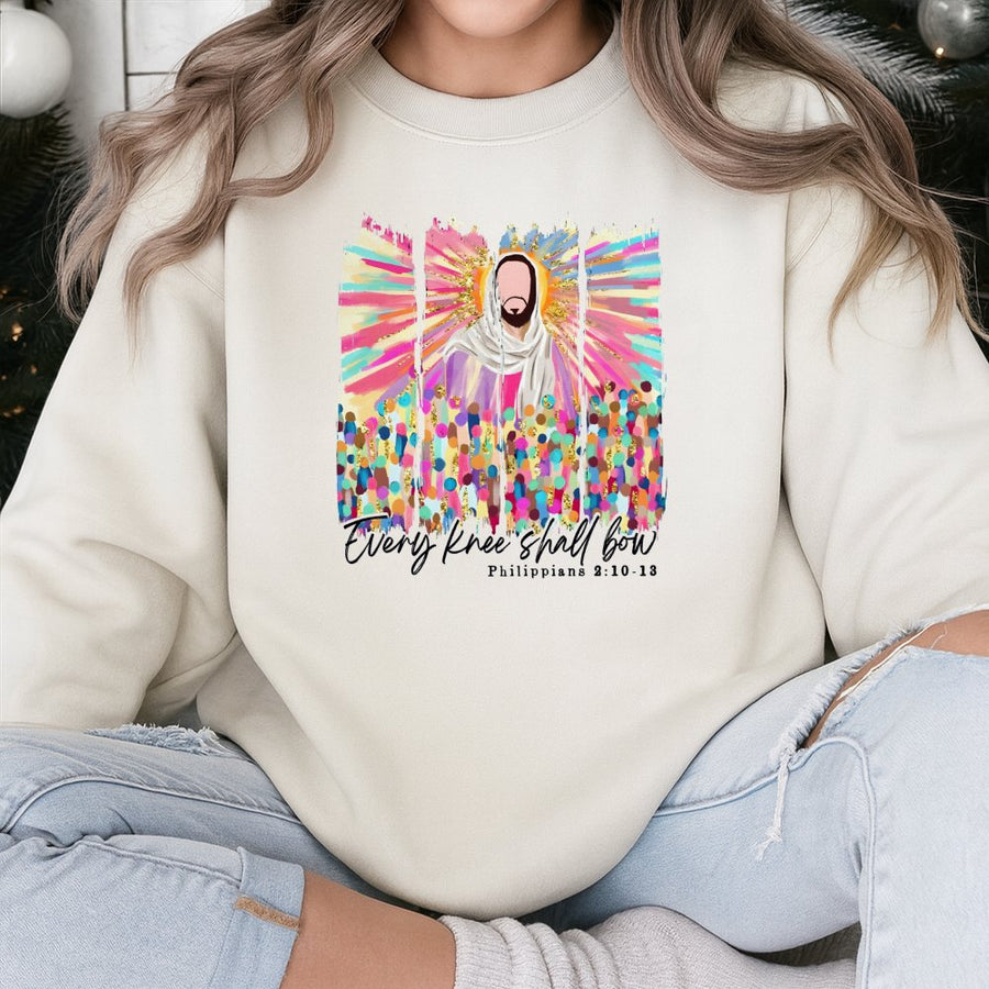 Every Knee Shall Bow Sweatshirt | Religious Bible Verse Graphic Design | Premium Cotton-Blend Comfort | Christian Faith Apparel Gift for Believers