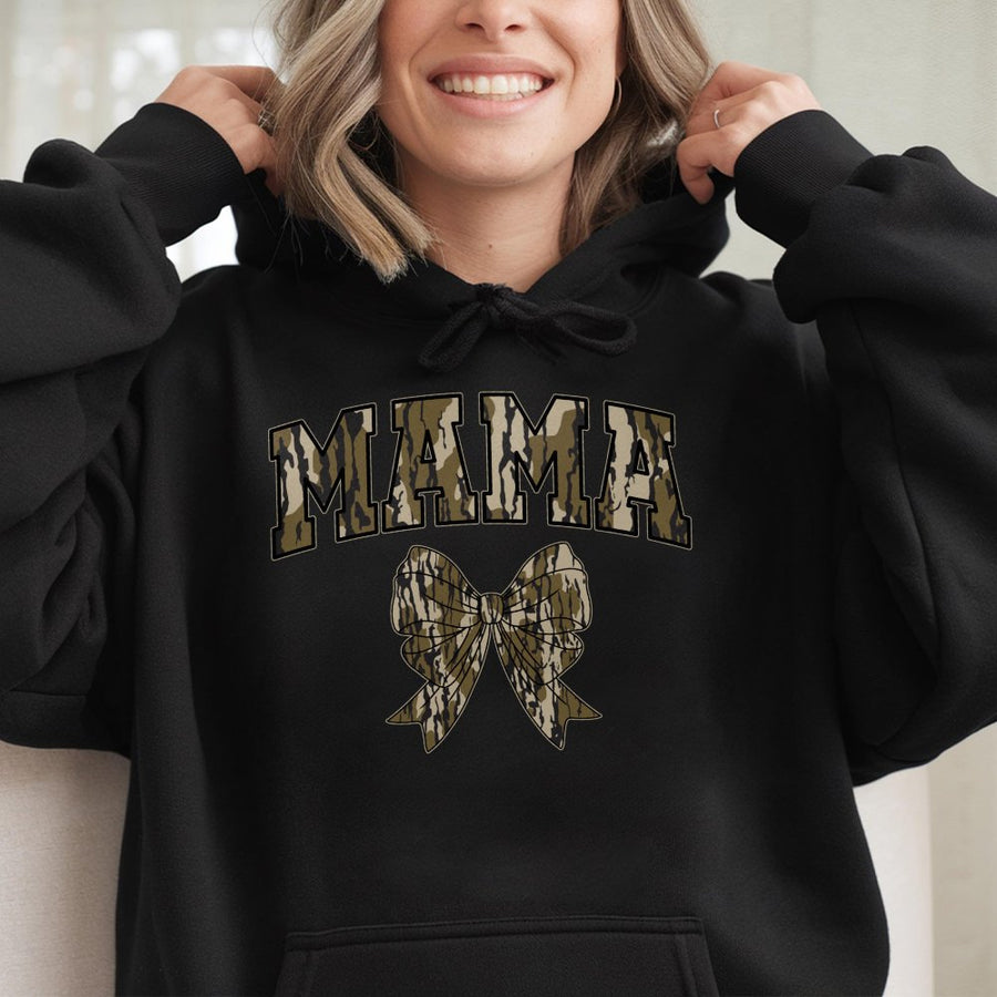 Camo Mama Hoodie | Trendy Bow Graphic Sweatshirt | Cotton-Polyester Blend | Gift For Outdoorsy Mom And Country Girl