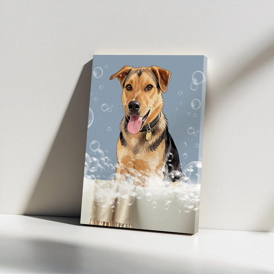 Dog Bathtime Canvas Art | Cute Bubble Bath Watercolor Illustration | Premium Gallery Wrap Canvas | Gift for Dog Lover, Pet Groomer Decor