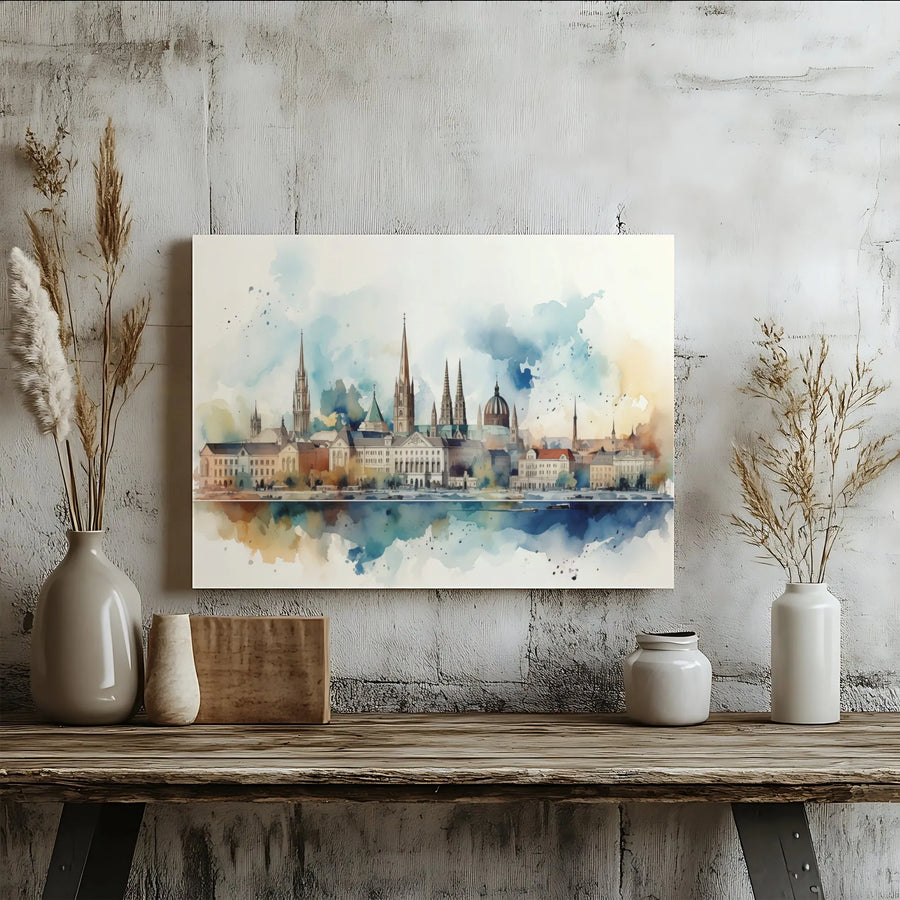 European Cityscape Canvas Print | Watercolor River Reflection Art | Premium Gallery-Wrapped Wall Decor | Travel Inspired Home Gift