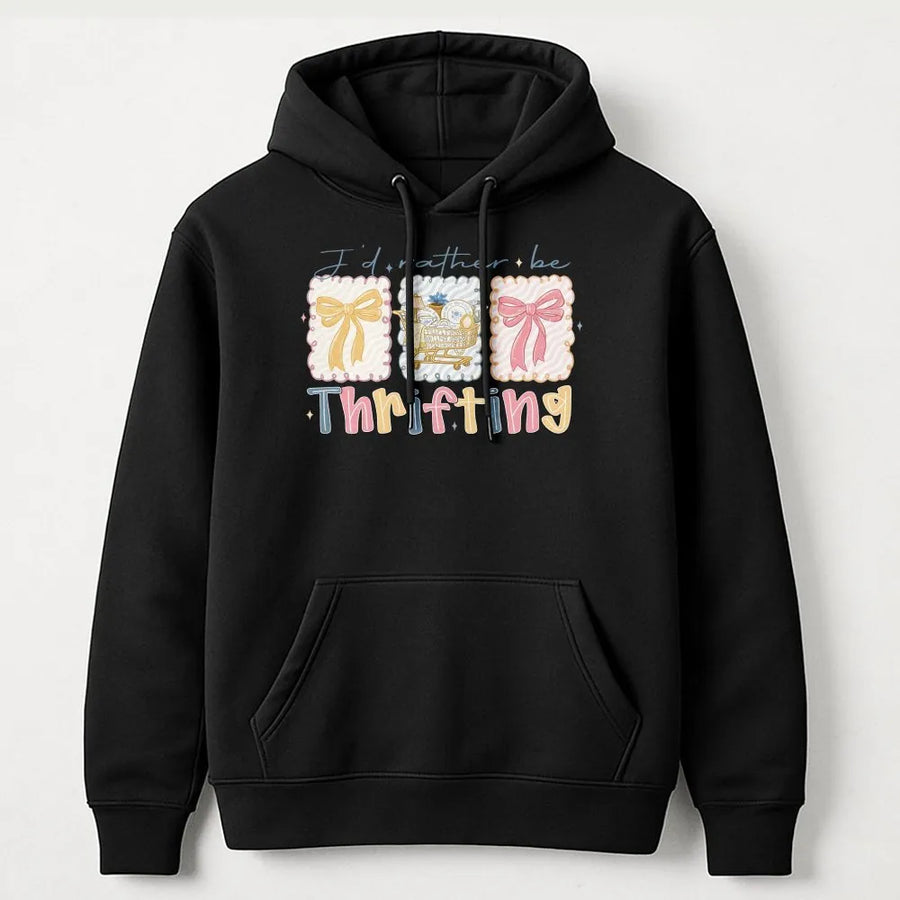 I'd Rather Be Thrifting Hoodie | Cute Vintage Shop Bow Graphic Print | Premium Soft Cotton Blend | Thrift Store Gift for Thrifter Lover