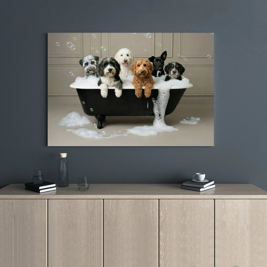 Dogs In Bathtub Canvas Wall Art | Whimsical Puppy Bubble Bath Print | Premium Gallery Wrapped Decor | Funny Animal Lover Gift For Home Office
