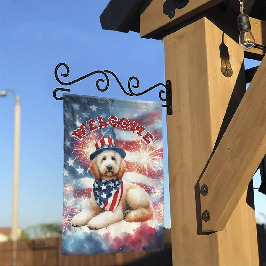 Patriotic Goldendoodle Garden Flag | American Flag Fireworks Welcome Sign | Premium Double Sided Polyester | 4th of July Yard Decor Gift for Dog Lovers