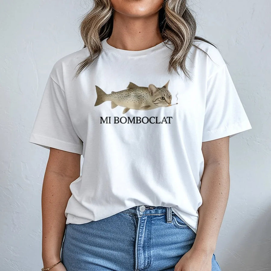 Mi Bomboclat T-Shirt | Funny Smoking Cat Fish Meme Graphic | Soft Cotton-Poly Blend | Unisex Jamaican Patois Streetwear Gift