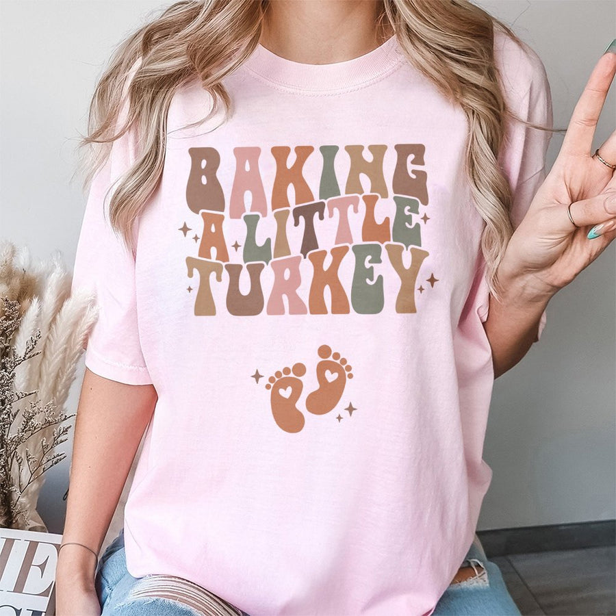 Baking A Little Turkey Maternity T-Shirt | Retro Fall Pregnancy Announcement | 100% Cotton Premium Tee | Cute Thanksgiving Baby Reveal Gift