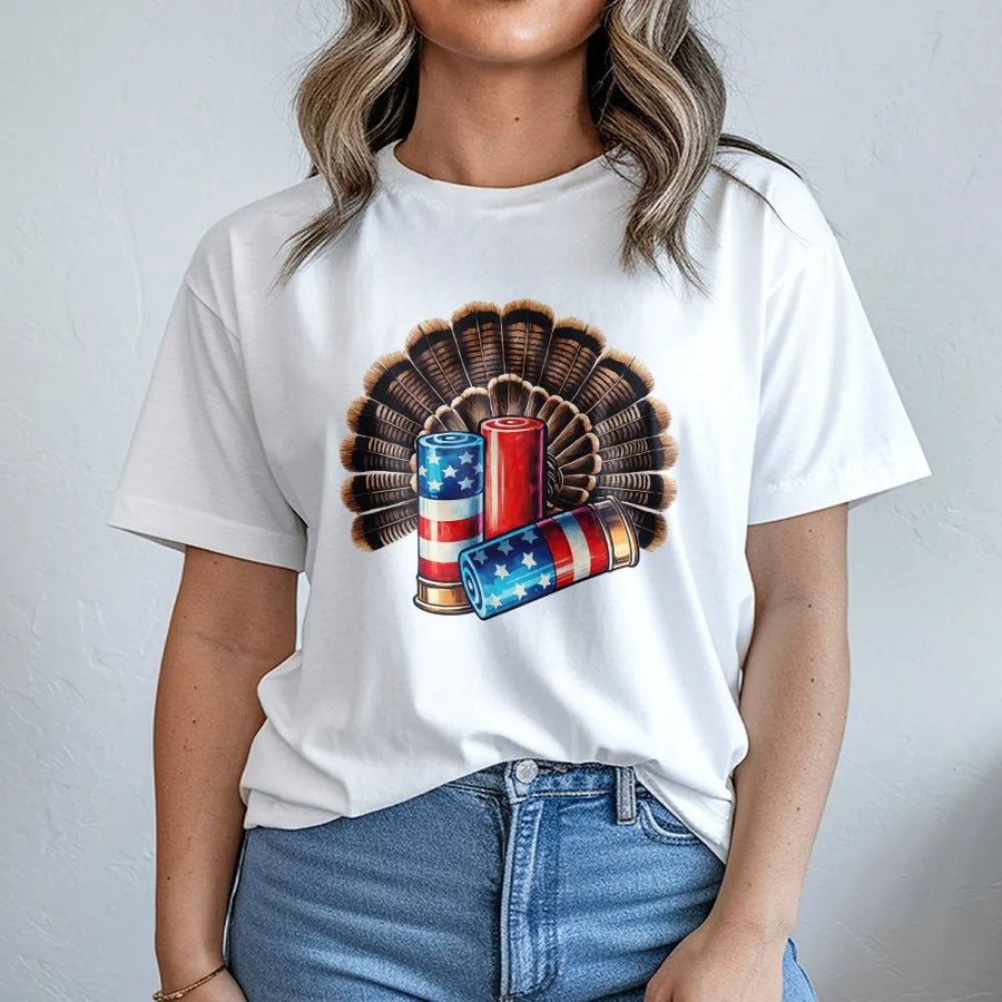 Patriotic Turkey Hunting T-Shirt | American Flag Shotgun Shells & Feather Fan Graphic | Comfortable Cotton Blend | Gift for Hunter