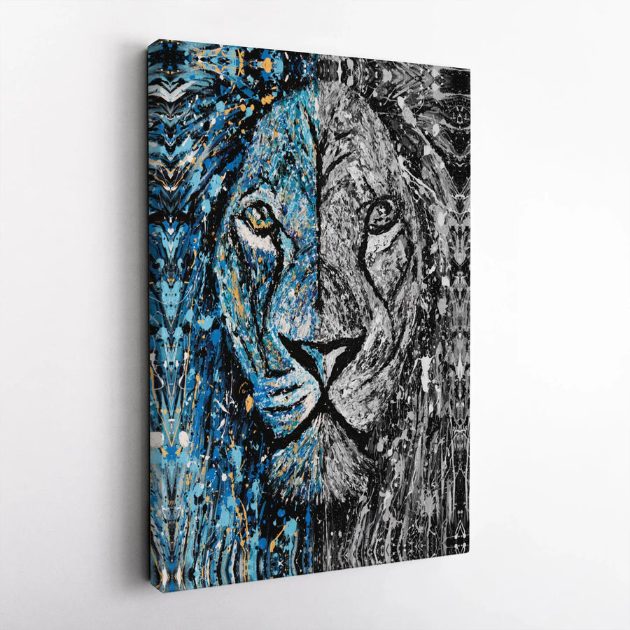 Abstract Lion Canvas Wall Art | Blue and Black Split Face Print | Premium Gallery Wrap Decor | Modern Animal Portrait for Home or Office Gift
