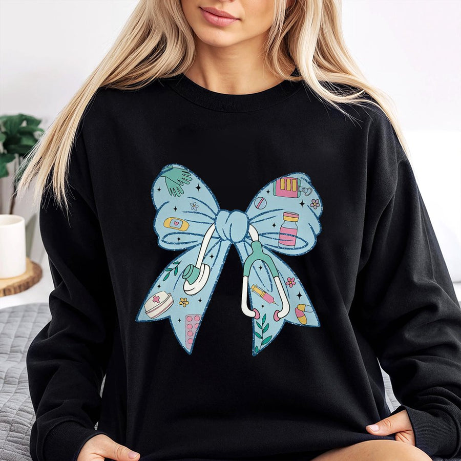 Nurse Coquette Bow Sweatshirt | Stethoscope Medical Graphic Print | Premium Cotton-Poly Blend | Cute Gift for Nurses and Nursing Students