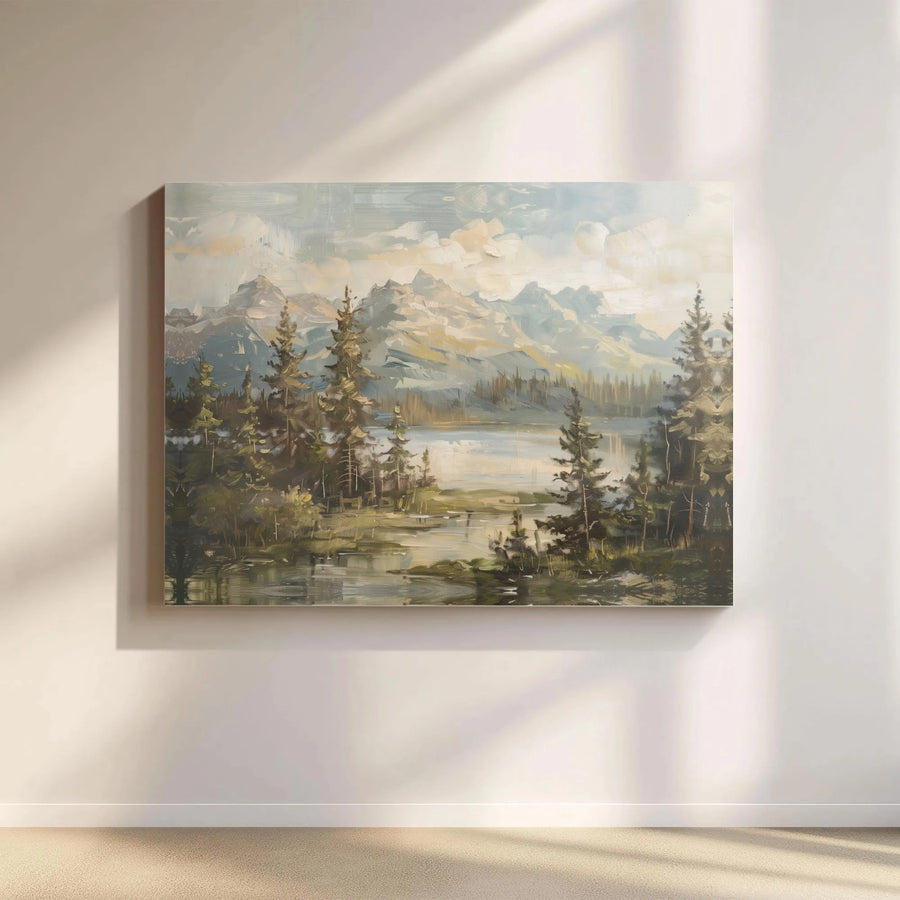 Mountain Landscape Canvas Print | Vintage Oil Painting Style Forest Lake | Premium Gallery Wrapped Canvas | Cabin & Lodge Living Room Decor Gift