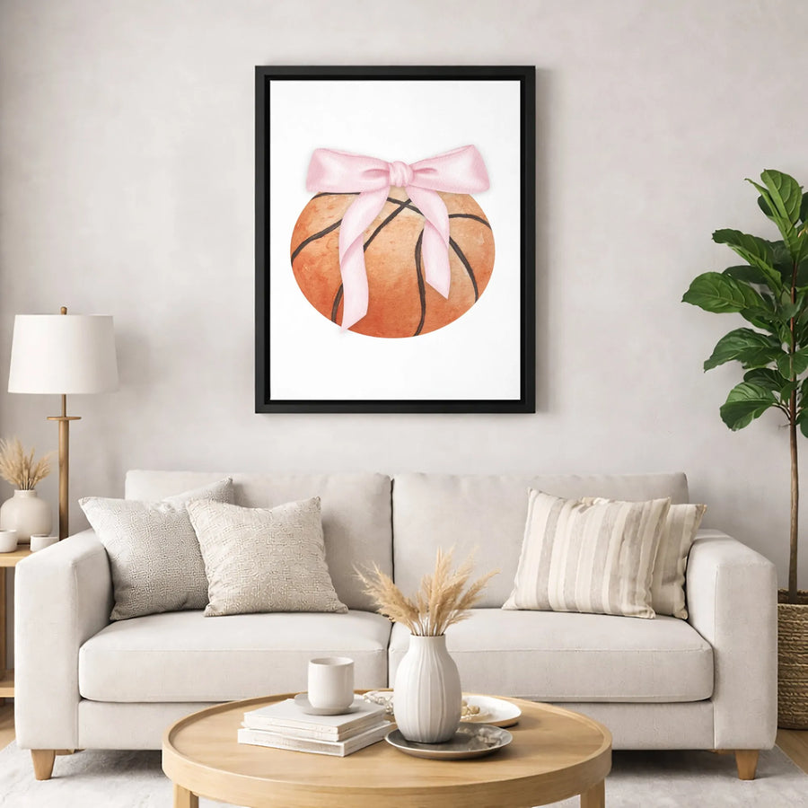 Basketball Wall Art | Watercolor Sporty Ball With Pink Bow | Premium Gallery-Wrapped Canvas | Gift For Basketball Mom Or Girl Athlete