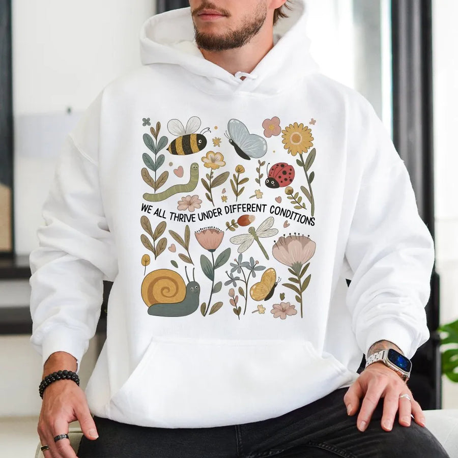 Autism Awareness Hoodie | Cute Garden Insects & Floral Design | Soft Cotton Blend | Inspirational Neurodiversity Gift