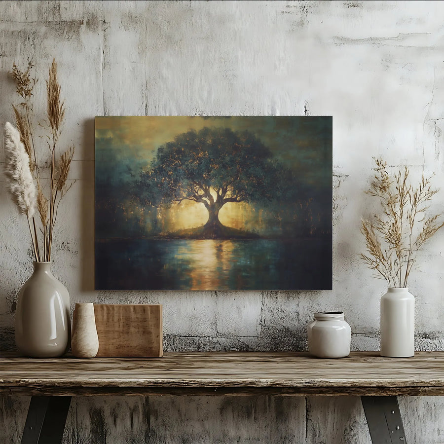 Tree Of Life Canvas Wall Art | Golden Sunset Landscape Painting | Gallery Wrapped Premium Print | Nature Home Decor Gift For Living Room