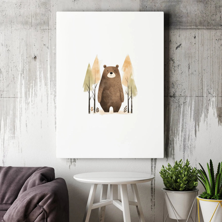 Cute Brown Bear Canvas Wall Art | Watercolor Woodland Forest Animal Print | Premium 1.25-inch Gallery Wrap | Nursery Decor & Wildlife Lover Gift