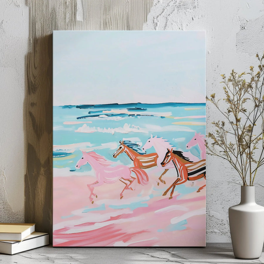 Abstract Horse Canvas Wall Art | Pink Beach Equestrian Painting | Premium Gallery Wrap Print | Modern Coastal Decor for Bedroom or Living Room