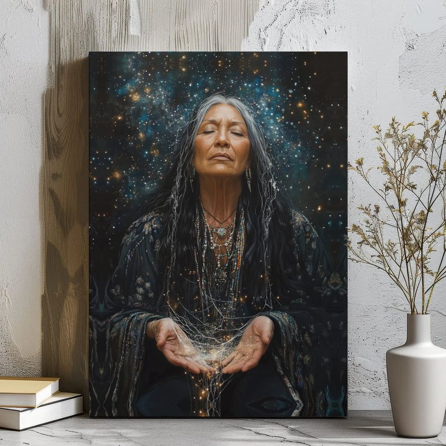 Spiritual Native American Woman Wall Art | Cosmic Stardust Galaxy Portrait | Premium Gallery Wrapped Canvas | Bohemian Meditation Home Decor Gift