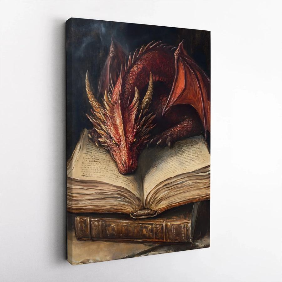 Red Dragon Wall Art | Sleeping Dragon on Ancient Book Fantasy Print | Premium 1.25-inch Canvas | Gift for Fantasy Lovers and Book Readers