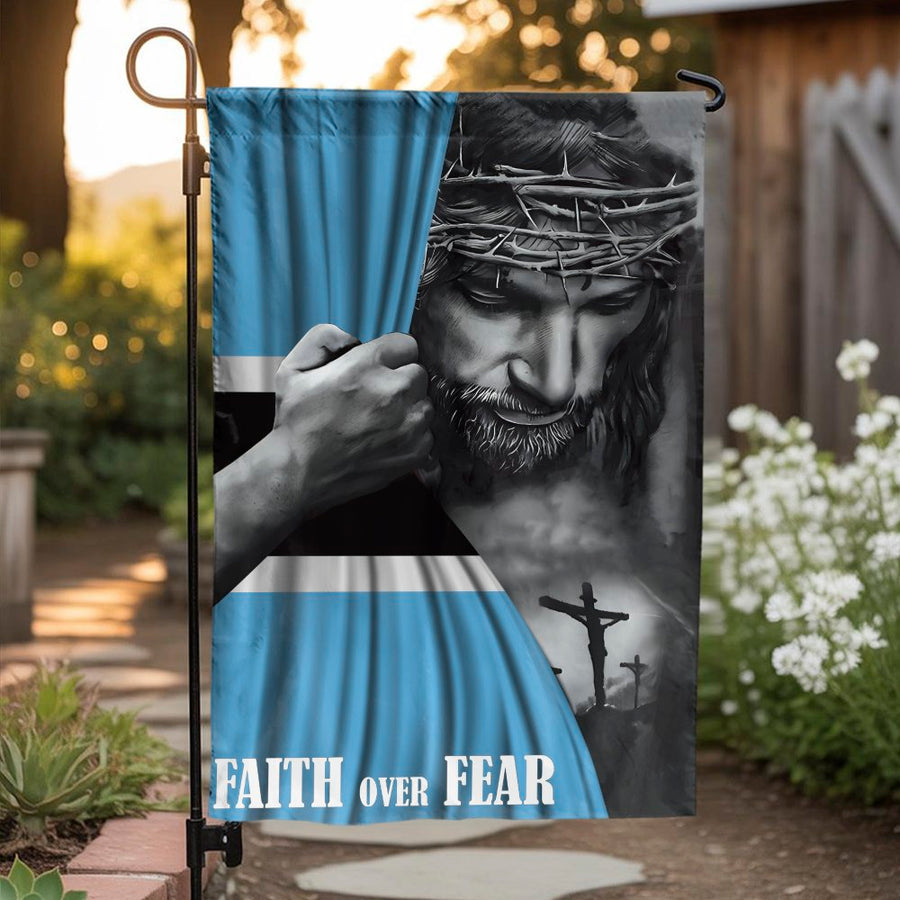 Botswana Flag Garden Flag | Faith Over Fear Jesus Christ Religious Decor | Premium Weather-Resistant Polyester | Patriotic Christian Yard Gift