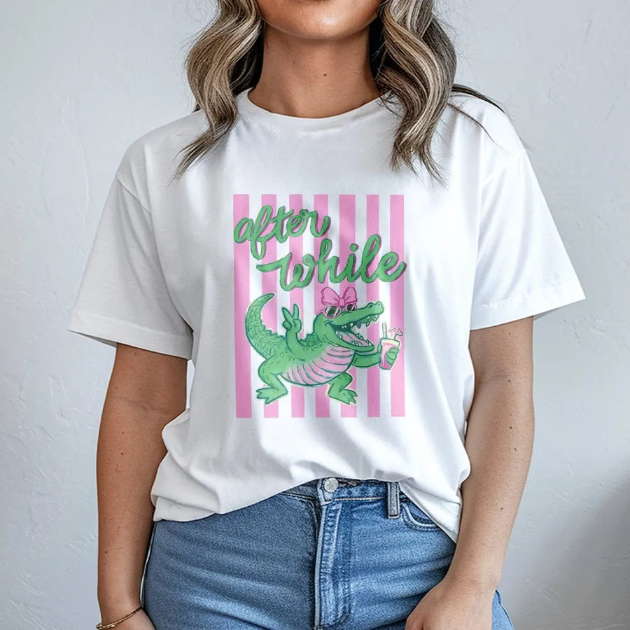 After While Crocodile T-Shirt | Funny Pink & Green Gator Graphic | Soft Cotton Blend | Preppy Beach Vacation Gift for Women