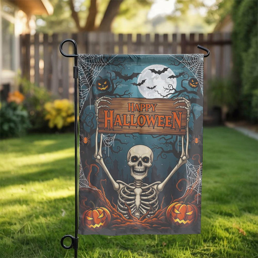 Happy Halloween Garden Flag | Spooky Skeleton Pumpkin Yard Decor | Premium Weather-Resistant Polyester | Festive Outdoor Holiday Yard Art