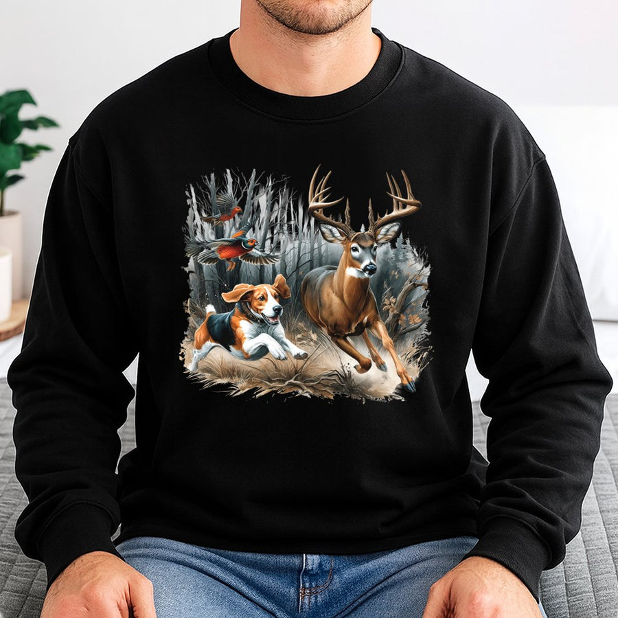 Deer Hunting Sweatshirt | Beagle Dog and Buck Chase Scene | Premium Cotton Blend | Gift for Hunter and Wildlife Lover
