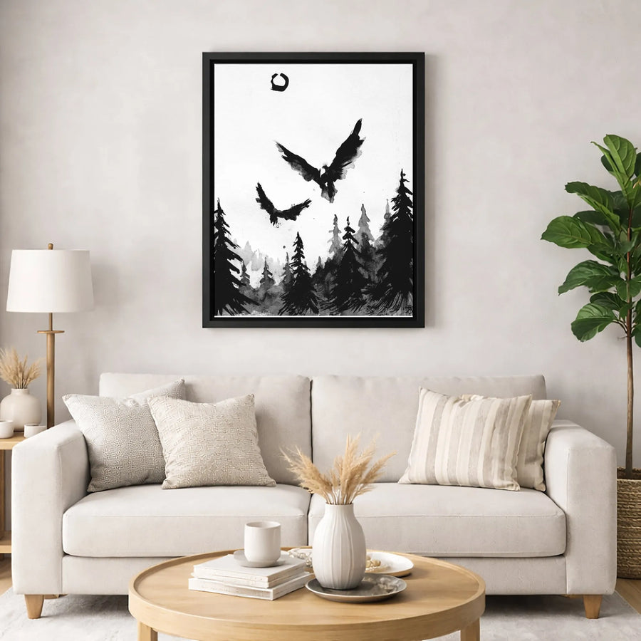 Sumi-E Bird Canvas Print | Minimalist Ink Wash Pine Forest Wall Art | Gallery Quality 1.25" Profile | Zen Nature Decor Gift for Home