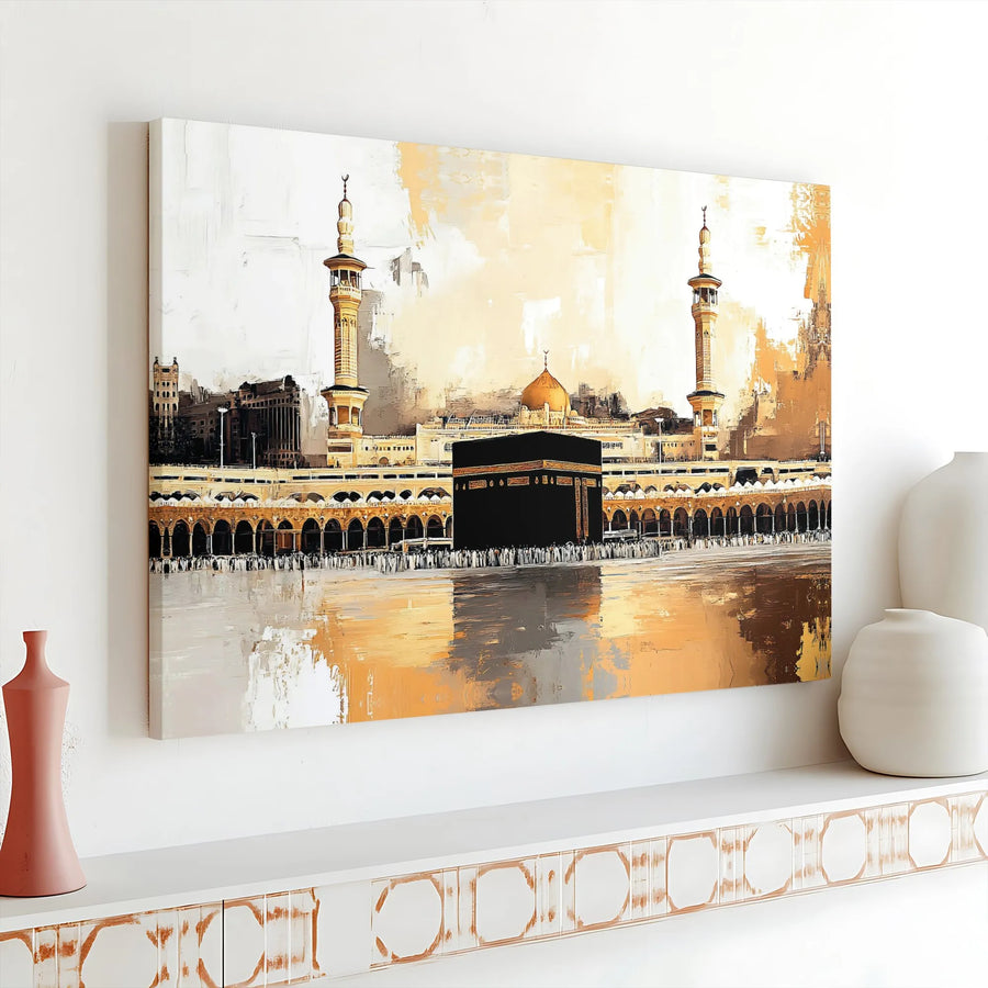Kaaba Mecca Islamic Horizontal Canvas | Abstract Gold Masjid al-Haram Wall Art | Premium 1.25" Gallery Wrap | Spiritual Muslim Home Decor Gift
