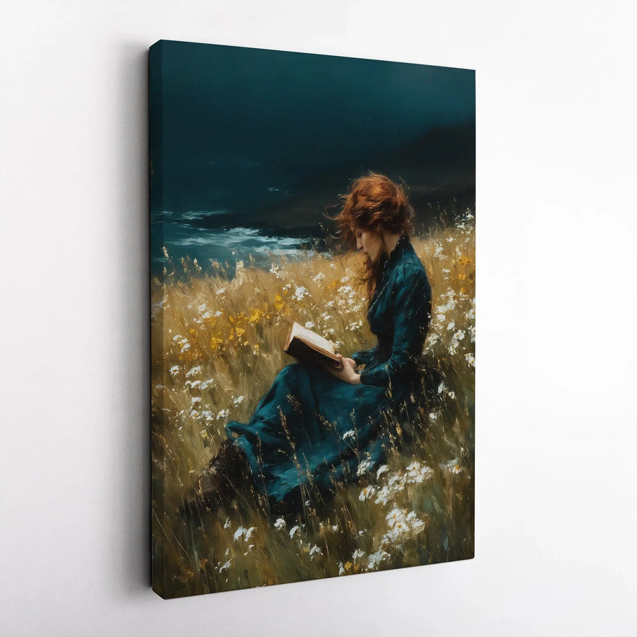 Woman Reading Book in Wildflower Field Canvas Wall Art | Moody Impressionist Landscape | Premium Gallery Wrapped | Gift for Book Lovers