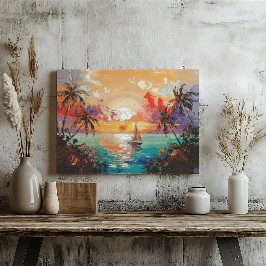 Tropical Sunset Canvas Print | Sailboat Nautical Wall Art | Premium 1.25 Inch Gallery Wrap | Beach House Decor for Living Room