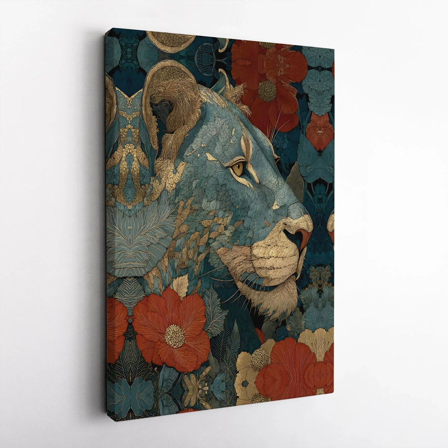 Lioness Wall Art | Ornate Teal Gold and Red Floral Canvas | Gallery Wrapped 1.25" Premium Print | Modern Animal Home Decor Gift