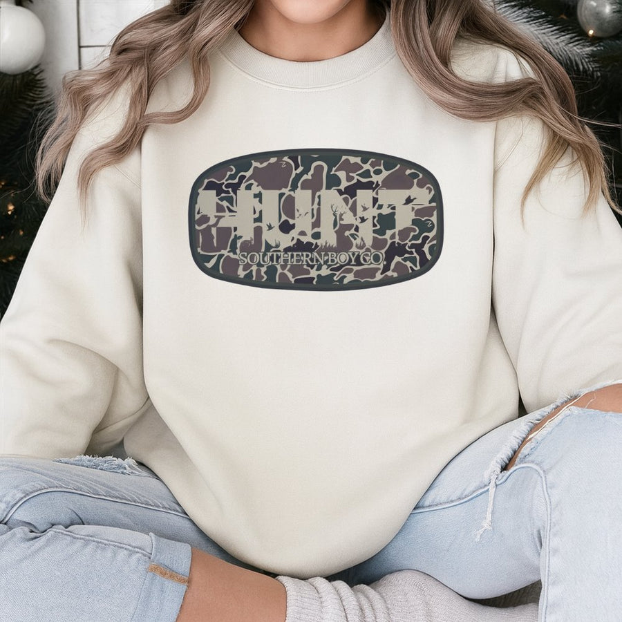 Hunt Camo Sweatshirt | Southern Style Deer And Duck Graphic | Premium Cotton Blend | Gift For Hunters And Outdoor Lovers