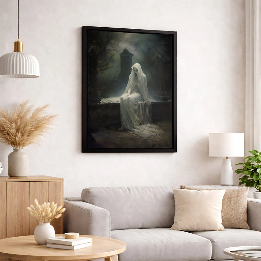 Gothic Graveyard Canvas Wall Art | Mourning Ghostly Woman in White Veil | 1.25-Inch Premium Gallery Wrap | Dark Academia Home Decor Gift